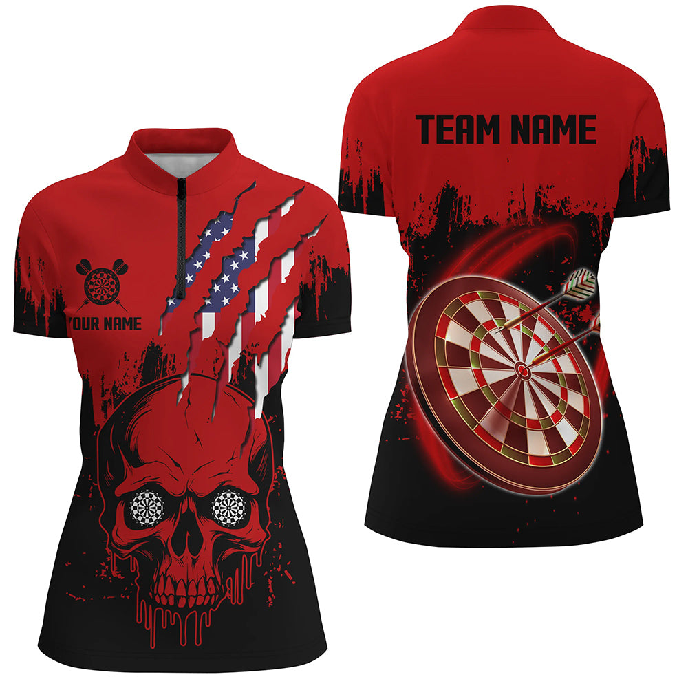 Black Red Dart Skull US Flag Women Quarter-Zip Shirts Custom Patriotic Darts Team Jerseys TDM1274