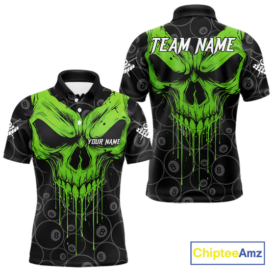 Personalized Skull 8 Ball Billiard Shirt For Men Custom Pool Team Jersey Polo & 1/4 Zip |Green TDM6361
