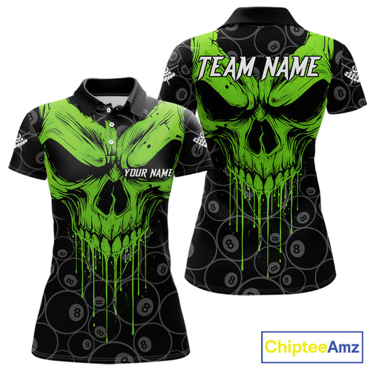 Personalized Skull 8 Ball Billiard Shirt For Women Custom Pool Team Jersey Polo & 1/4 Zip |Green TDM6361