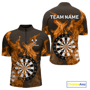 Orange Flaming Dartboard Darts Polo & Quarter Zip Custom Dart Shirts For Men Team Dart Jerseys TDM4229