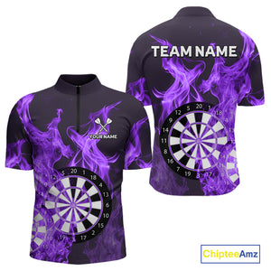 Purple Flaming Dartboard Darts Polo & Quarter Zip Custom Dart Shirts For Men Team Dart Jerseys TDM4230