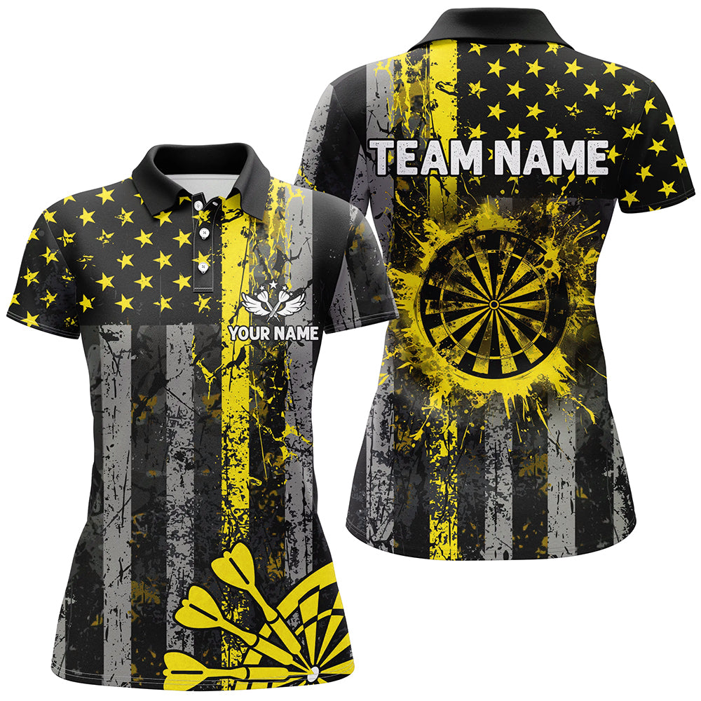 Custom Yellow Grunge US Flag Patriotic Darts Shirt For Women, Retro Darts Board Darts Team Jerseys TDM2069
