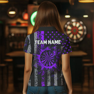 Custom Purple Grunge US Flag Patriotic Darts Shirt For Women, Retro Darts Board Darts Team Jerseys TDM2070