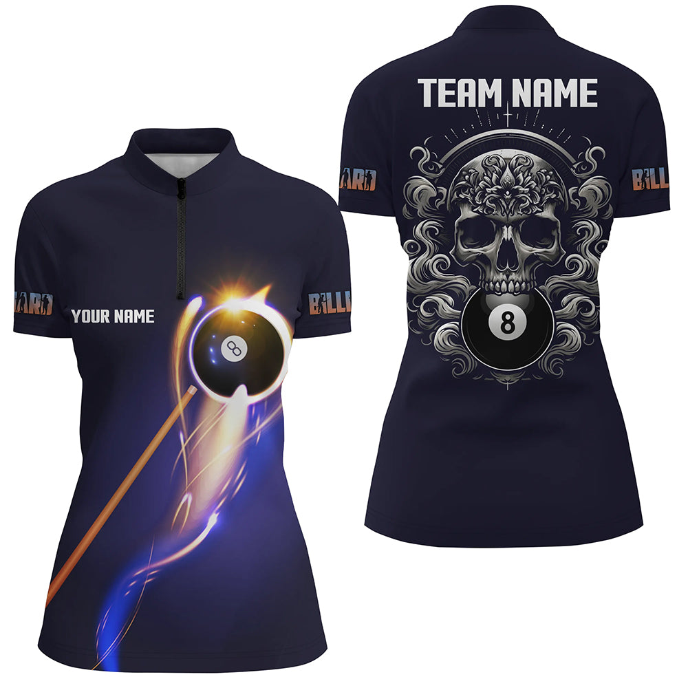 Personalized Glowing 8 Ball Pool Billiard Shirts For Women Custom Skull Billiard Jersey, Pool Uniform TDM2061