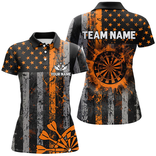 Custom Orange Grunge US Flag Patriotic Darts Shirt For Women, Retro Darts Board Darts Team Jerseys TDM2272