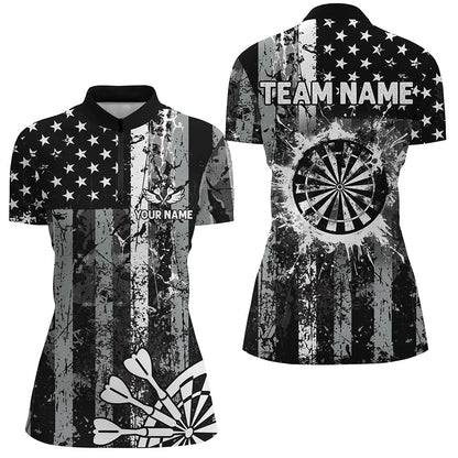 Custom Black Grunge US Flag Patriotic Darts Shirt For Women, Retro Darts Board Darts Team Jerseys TDM2273