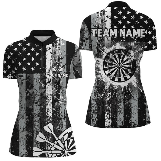 Custom Black Grunge US Flag Patriotic Darts Shirt For Women, Retro Darts Board Darts Team Jerseys TDM2273