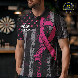 Custom Pink Ribbon Grunge American Flag Patriotic Darts Shirt For Men, Breast Cancer Darts Jersey TDM4623