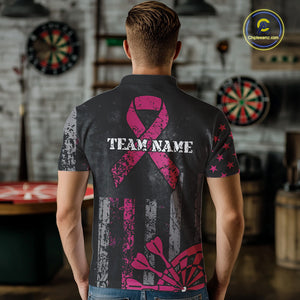 Custom Pink Ribbon Grunge American Flag Patriotic Darts Shirt For Men, Breast Cancer Darts Jersey TDM4623