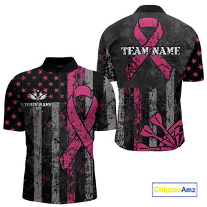 Custom Pink Ribbon Grunge American Flag Patriotic Darts Shirt For Men, Breast Cancer Darts Jersey TDM4623