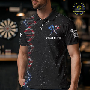 Custom Men's Black Grunge DNA American Flag Smoke Darts Shirt, Patriotic Dart Jersey Polo, 1/4 Zip TDM4628