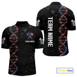 Custom Men's Black Grunge DNA American Flag Smoke Darts Shirt, Patriotic Dart Jersey Polo, 1/4 Zip TDM4628