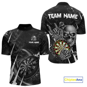 White Black 3D Skull Darts Polo & 1/4 Zip For Men Custom Darts League Team Jersey, Best Darts Gift TDM4828