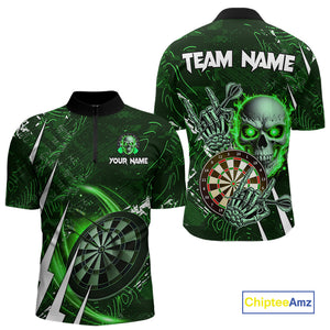 Green 3D Skull Darts Polo & 1/4 Zip For Men Custom Darts League Team Jersey, Best Darts Gifts TDM4829
