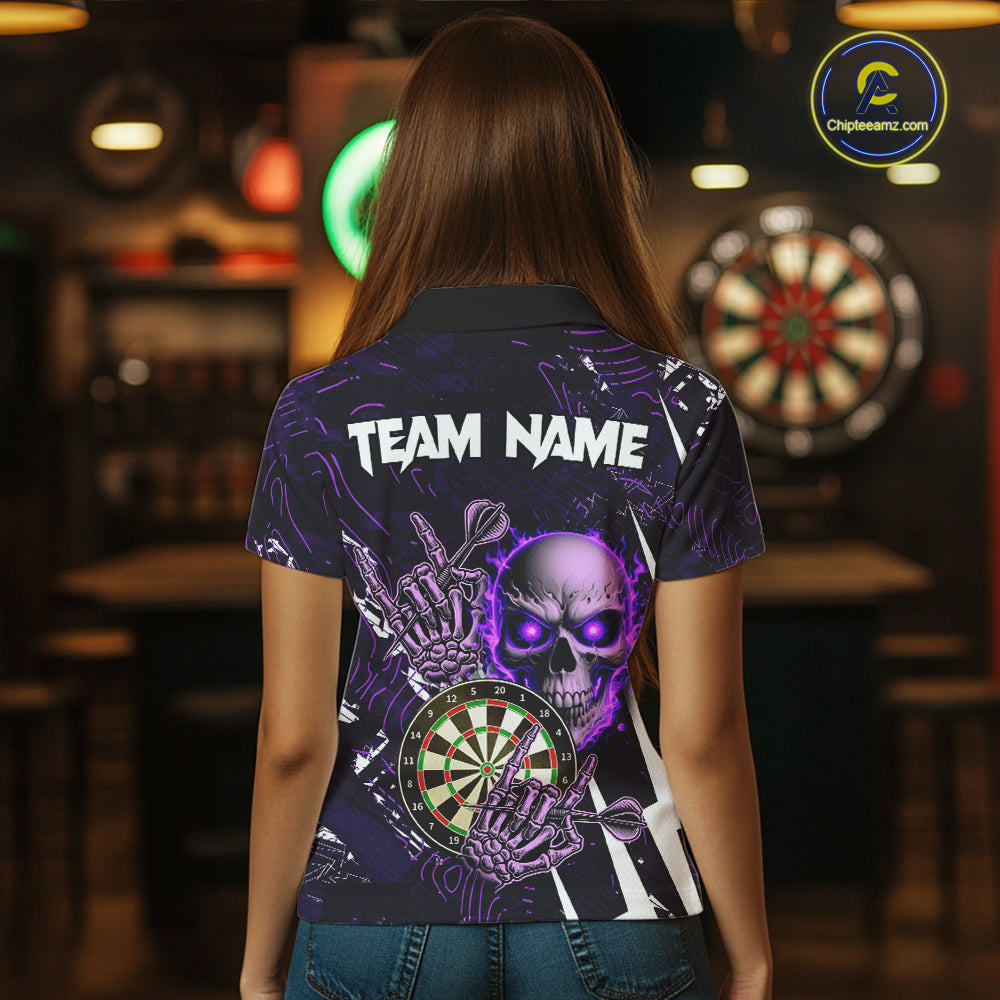 Purple 3D Skull Darts Polo & 1/4 Zip For Women Custom Darts League Team Jersey, Best Darts Gifts TDM4830
