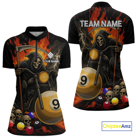 Personalized Grim Reaper Motorcycle Billiards Shirt For Women Custom Funny 9 Ball Pool Team Jersey TDM5264
