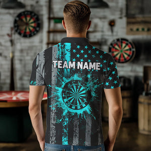 Custom Turquoise Grunge Us Flag Patriotic Darts Shirt For Men, Retro Darts Board Darts Team Jerseys TDM1648