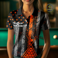Load image into Gallery viewer, Custom Orange Grunge US Flag Patriotic Billiard Shirts For Women, Retro 8 Ball Pool Billiard Jersey TDM4046