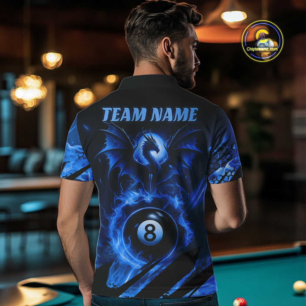 Personalized Blue Fire Flame Dragon 8 Ball Billiard Shirt For Men, Pool Team Jersey Polo & 1/4 Zip TDM4400
