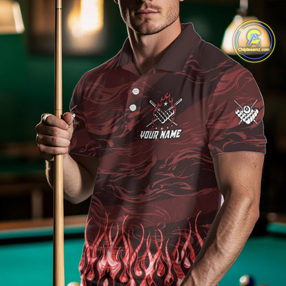 Man Wearing Personalized Red Flaming 8 Ball Pool Fire Billiard Polo Shirt with Athletic Fit and Bold Flame Graphic Artwork, Front View