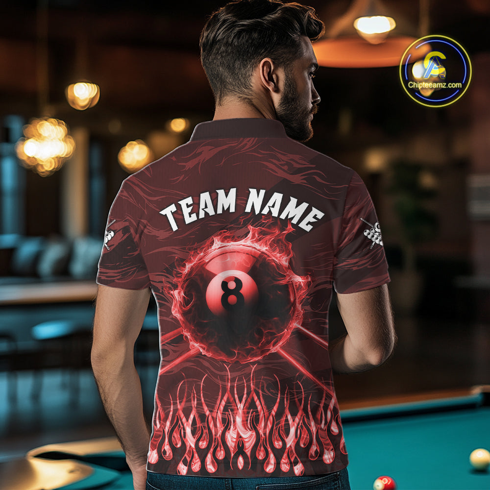 Man Wearing Personalized Red Flaming 8 Ball Pool Fire Custom Billiard Team Jersey Featuring the Complete Rear Artwork, Back View