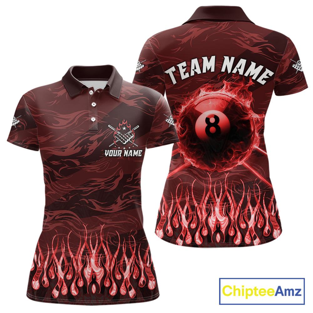 Personalized Red Flaming 8 Ball Pool Fire Billiard Polo Shirt Featuring Dynamic Flame Artwork for Pool League Players, Team Matches, and Tournament Competition