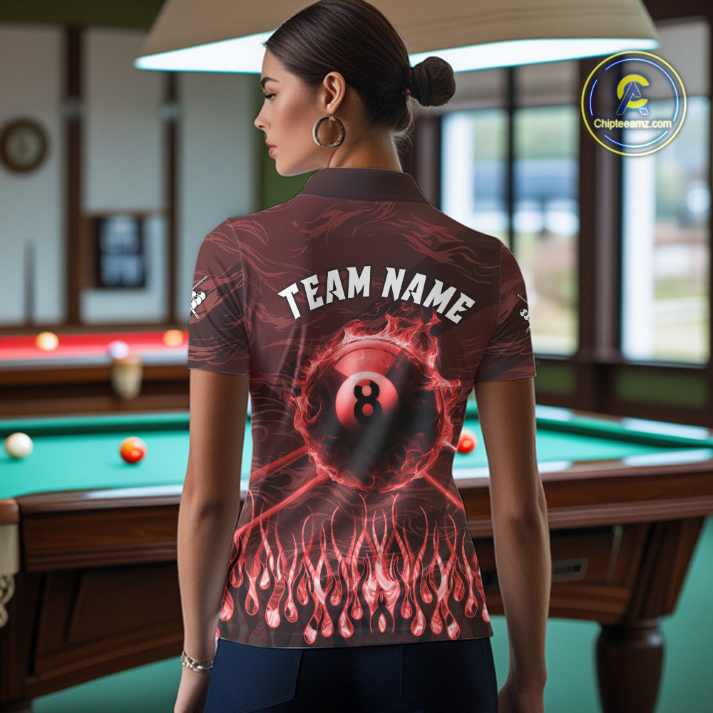 Woman Wearing Personalized Red Flaming 8 Ball Pool Fire Custom Billiard Team Jersey Featuring the Complete Rear Artwork, Back View
