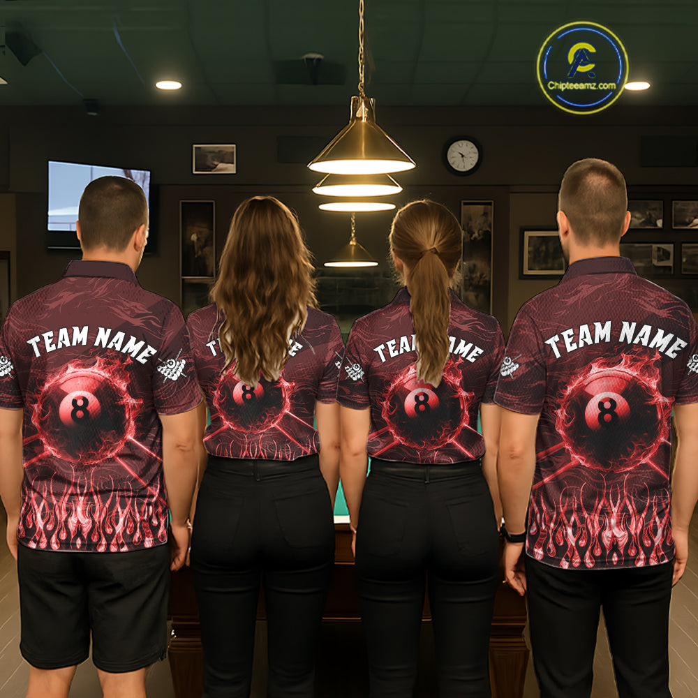 Pool Team Wearing Personalized Red Flaming 8 Ball Pool Fire Custom Billiard Team Jerseys Featuring the Complete Back Artwork, Back View