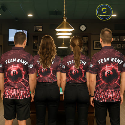 Pool Team Wearing Personalized Red Flaming 8 Ball Pool Fire Custom Billiard Team Jerseys Featuring the Complete Back Artwork, Back View