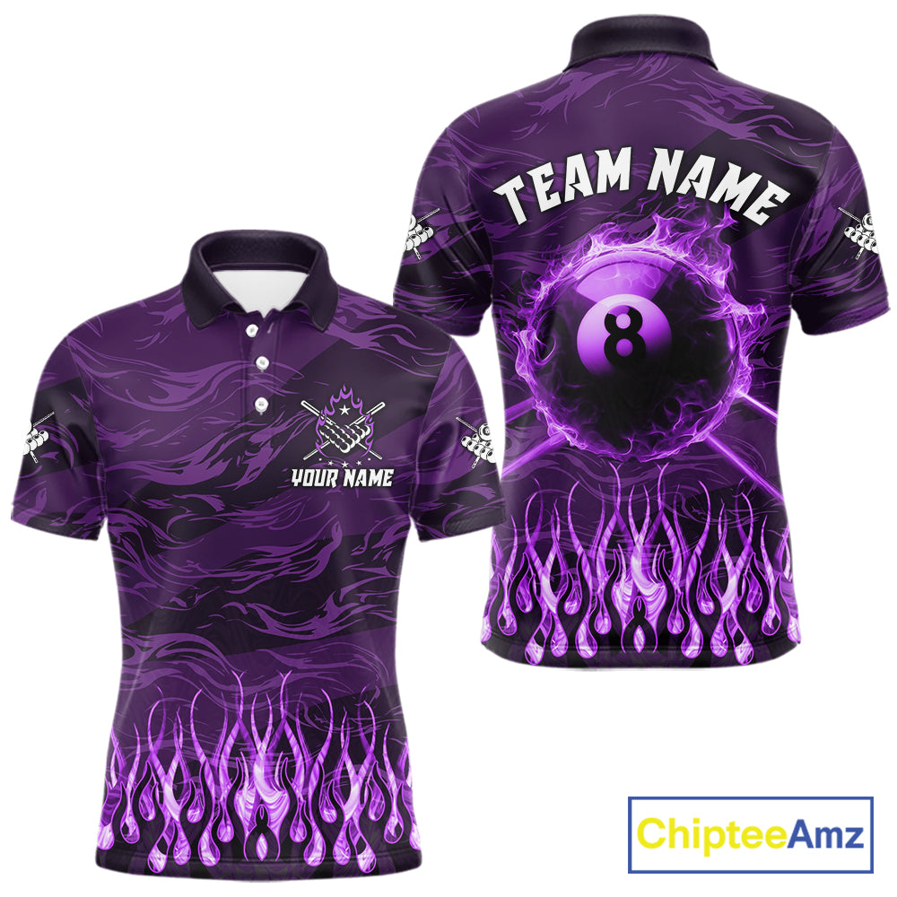 Personalized Purple Flaming 8 Ball Pool Fire Billiard Polo Shirt Featuring Bold Flame Artwork for Pool League Players, Team Competition, and Tournament Events