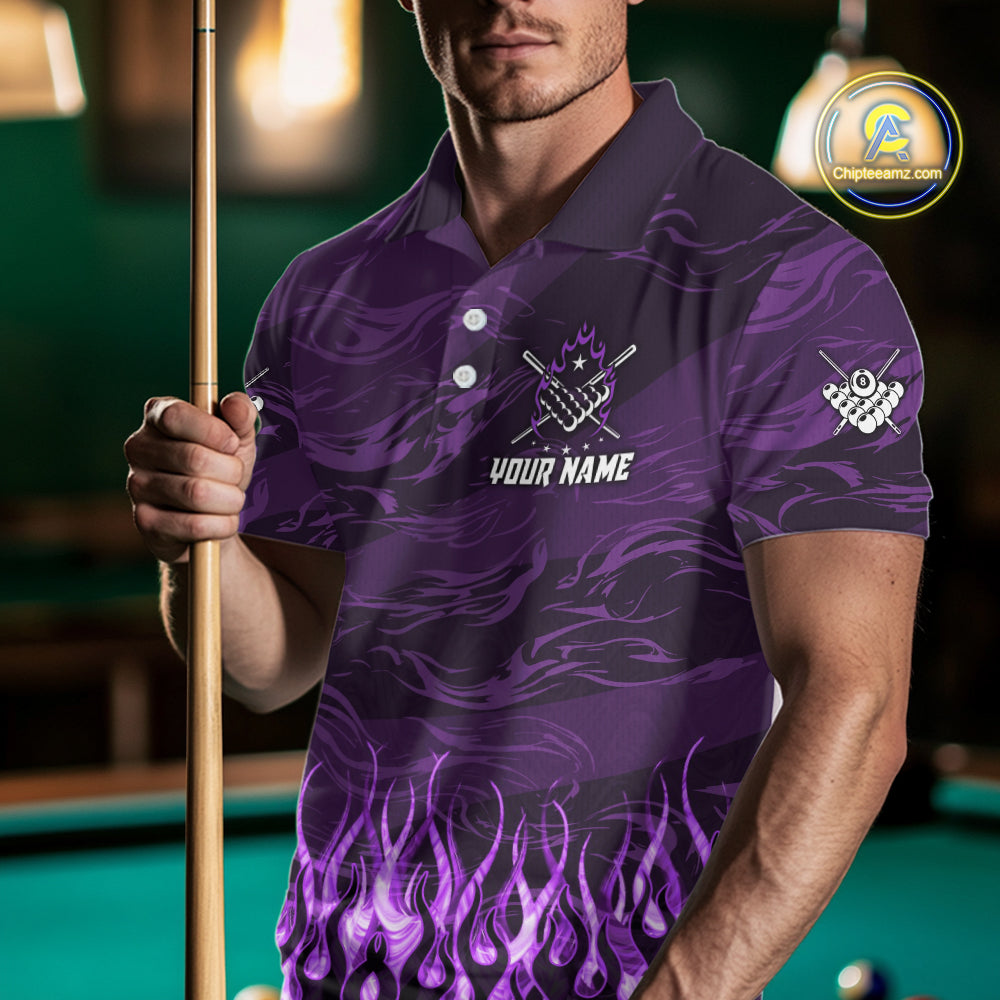 Man Wearing Personalized Purple Flaming 8 Ball Pool Fire Billiard Polo Shirt with Athletic Performance Fit and Bold Flame Artwork, Front View
