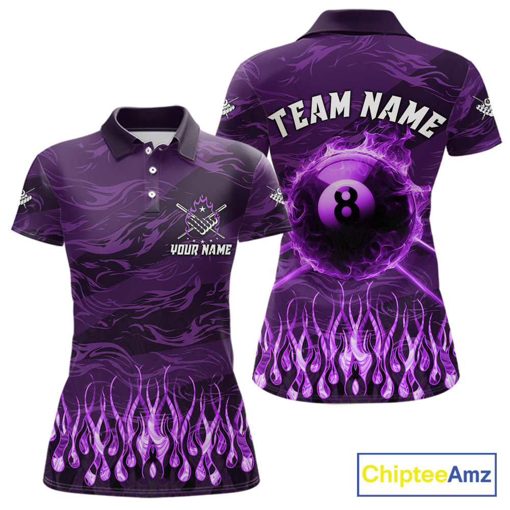 Personalized Purple Flaming 8 Ball Pool Fire Billiard Polo Shirt Featuring Bold Flame Artwork for Pool League Players, Team Competition, and Tournament Events