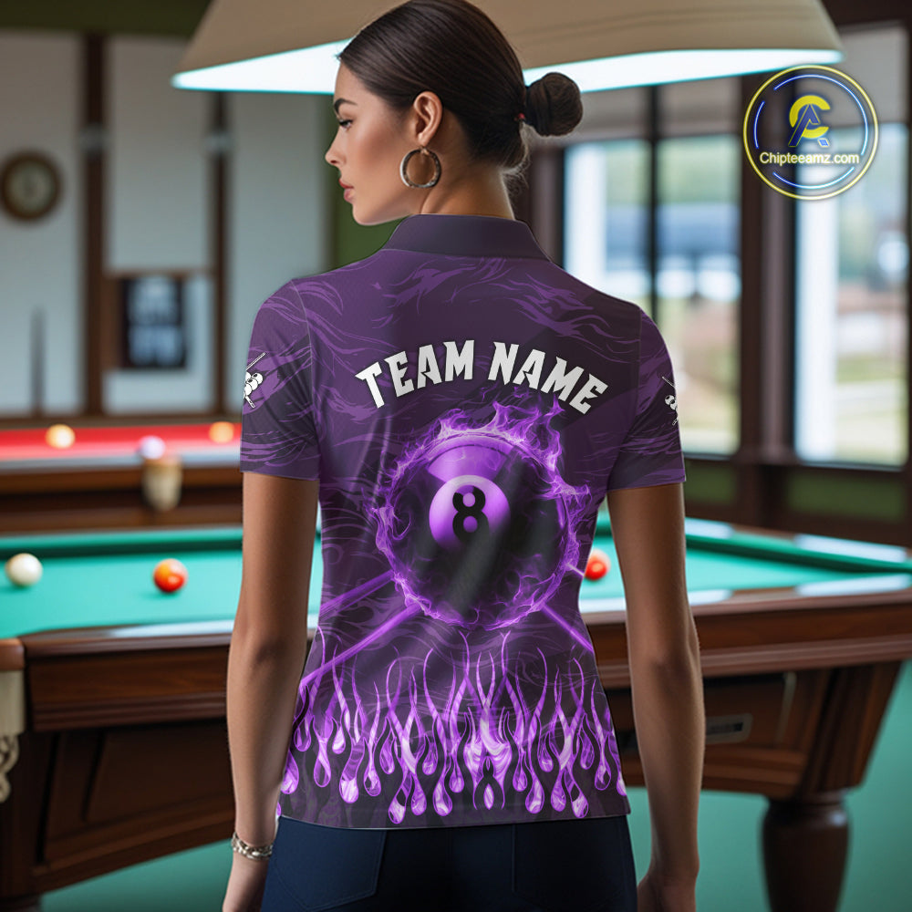 Woman Wearing Personalized Purple Flaming 8 Ball Pool Fire Custom Billiard Team Jersey Featuring the Complete Rear Graphic Design, Back View