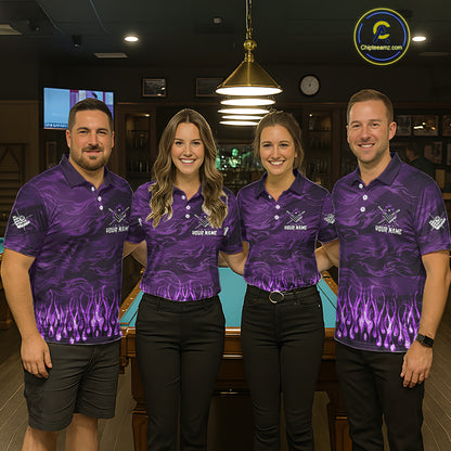 Pool Team Wearing Personalized Purple Flaming 8 Ball Pool Fire Billiard Jerseys During League Competition and Tournament Play, Front View