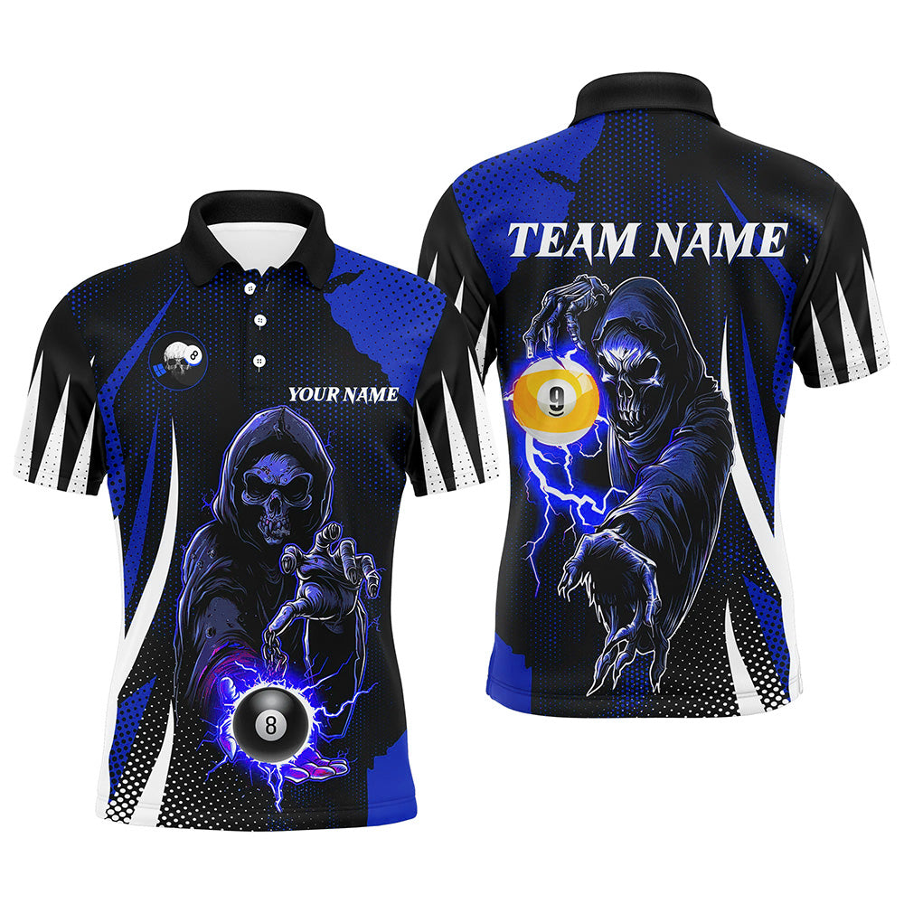 Funny Blue Death Skeleton 8 Ball & 9 Ball Billiard Shirts For Men Custom League Billiard Jerseys TDM2284