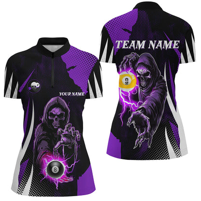Funny Purple Grim Reaper 8 Ball & 9 Ball Billiard Shirts For Women Custom League Billiard Jerseys TDM2285