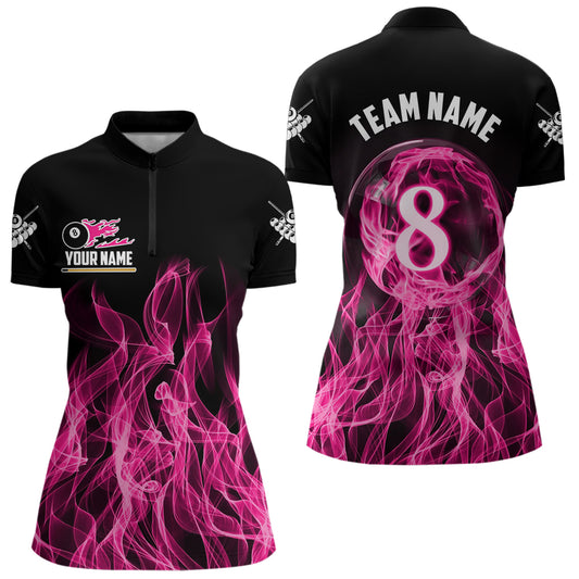 3D Pink Flaming 8 Ball Pool Women Billiard Polo & 1/4 Zip Shirt Custom Pool Player Billiard Jersey TDM3616
