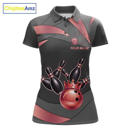 Black And Red Bowling Shirt For Women Custom Crown Bowling Jersey, Bowling League Polo & 1/4 Zip TDM6380