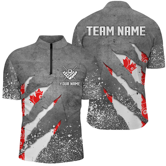 Custom Ball 8 Canada Flag Grey Grunge Men Billiard Polo & 1/4 Zip Shirt Best Billiard Team Jersey TDM1650