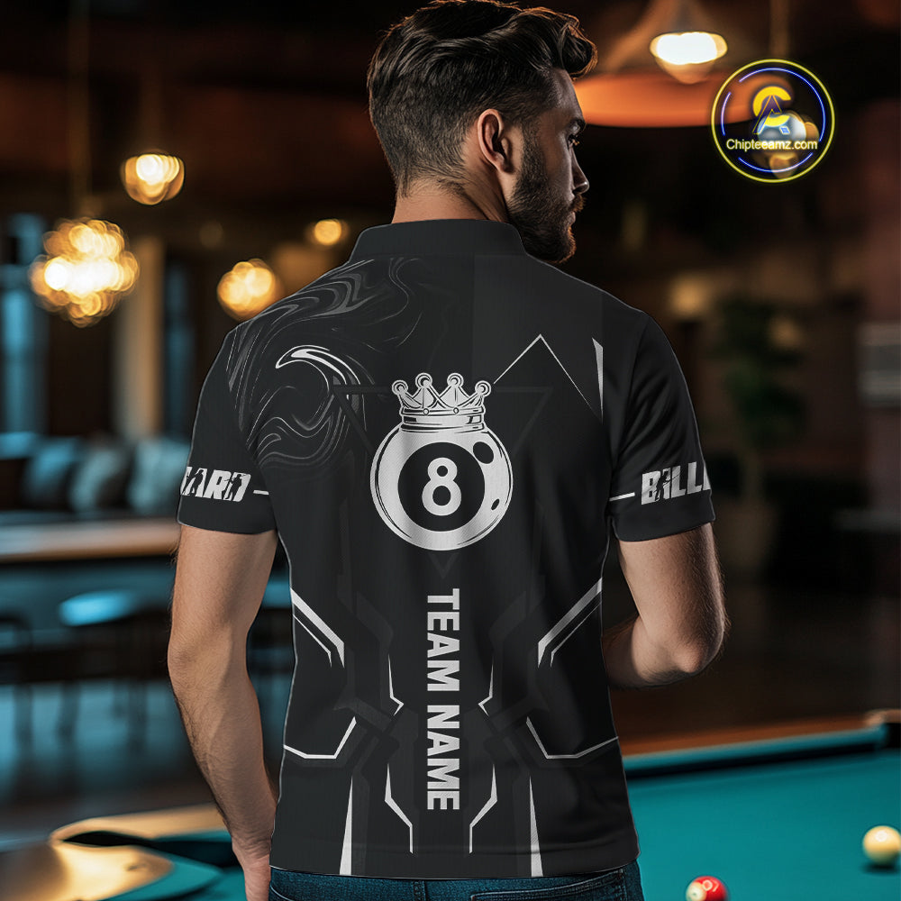 Customized 8 Ball Pool Crown Men Billiard Shirt, White And Black Billiard Team Shirt, Pool Jersey TDM4053