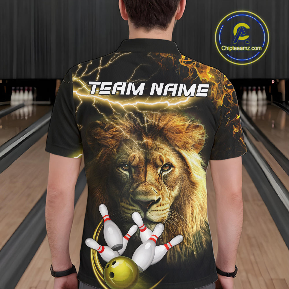 Man wearing personalized yellow lightning thunder lion bowling team jersey polo shirt featuring yellow lightning lion artwork, back view.