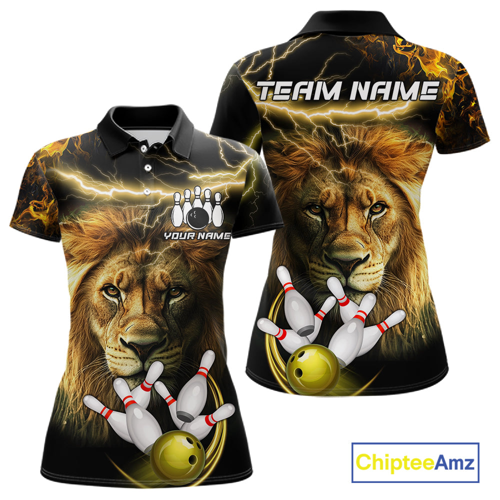 Personalized yellow lightning thunder lion bowling team jersey polo shirt for women featuring a fierce lion with yellow lightning artwork, premium custom bowling team apparel.