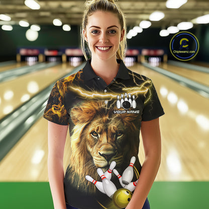 Woman wearing personalized yellow lightning thunder lion bowling team jersey polo shirt featuring yellow lightning lion artwork, front view.