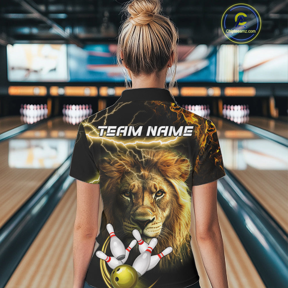 Woman wearing personalized yellow lightning thunder lion bowling team jersey polo shirt featuring yellow lightning lion artwork, back view.