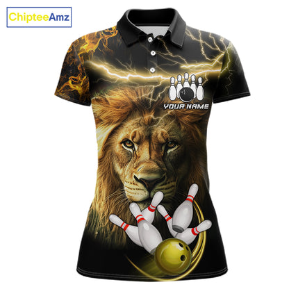 Personalized yellow lightning thunder lion bowling team jersey polo shirt for women featuring a fierce lion with yellow lightning artwork, premium custom bowling team apparel.
