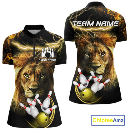 Personalized yellow lightning thunder lion bowling team jersey quarter zip shirt for women featuring yellow lightning lion graphics, premium custom bowling apparel.