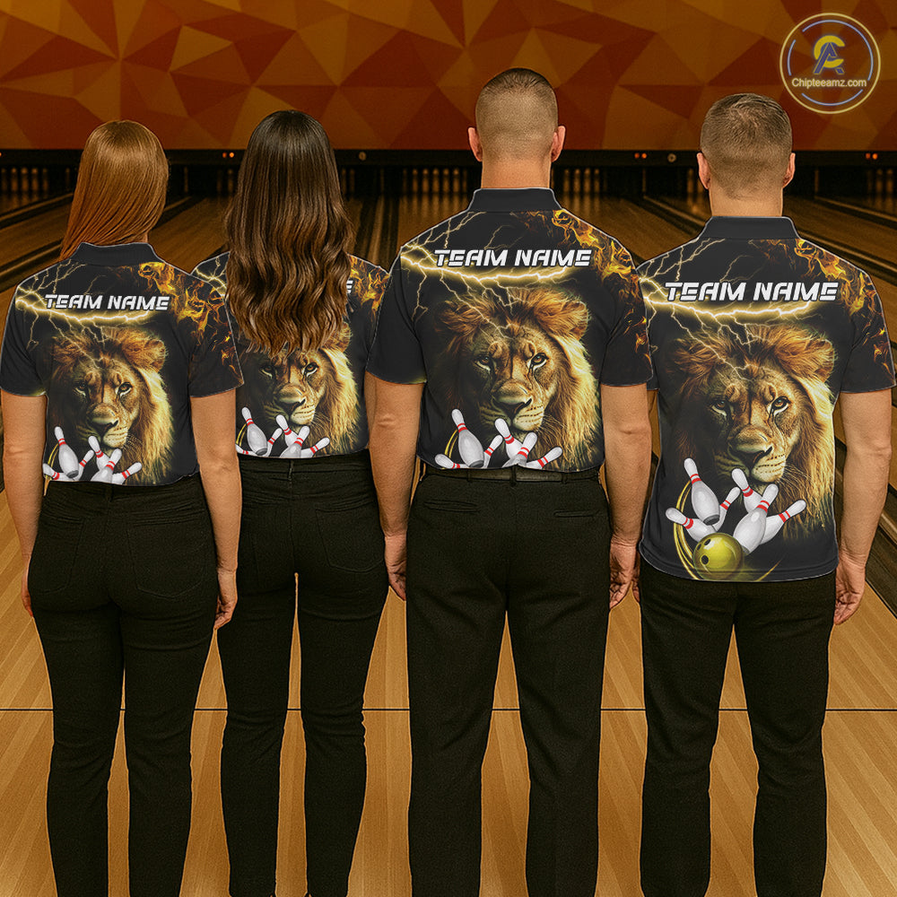 Bowling team wearing matching personalized yellow lightning thunder lion bowling team jerseys, back view.
