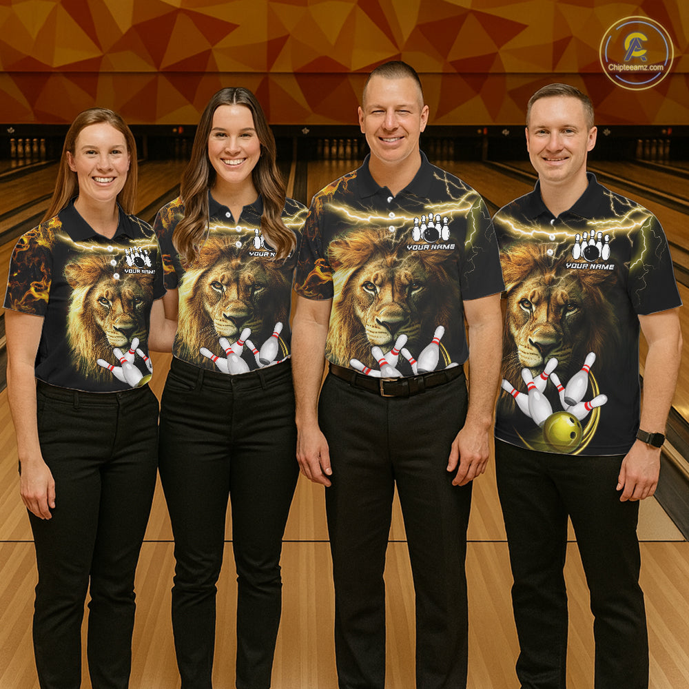 Bowling team wearing matching personalized yellow lightning thunder lion bowling team jerseys, front view.