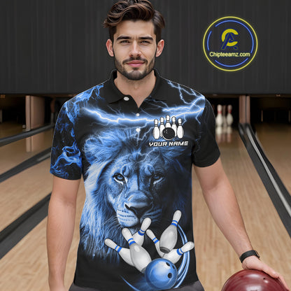 Man wearing personalized blue lightning thunder lion bowling team jersey polo shirt featuring blue lightning lion artwork, front view.