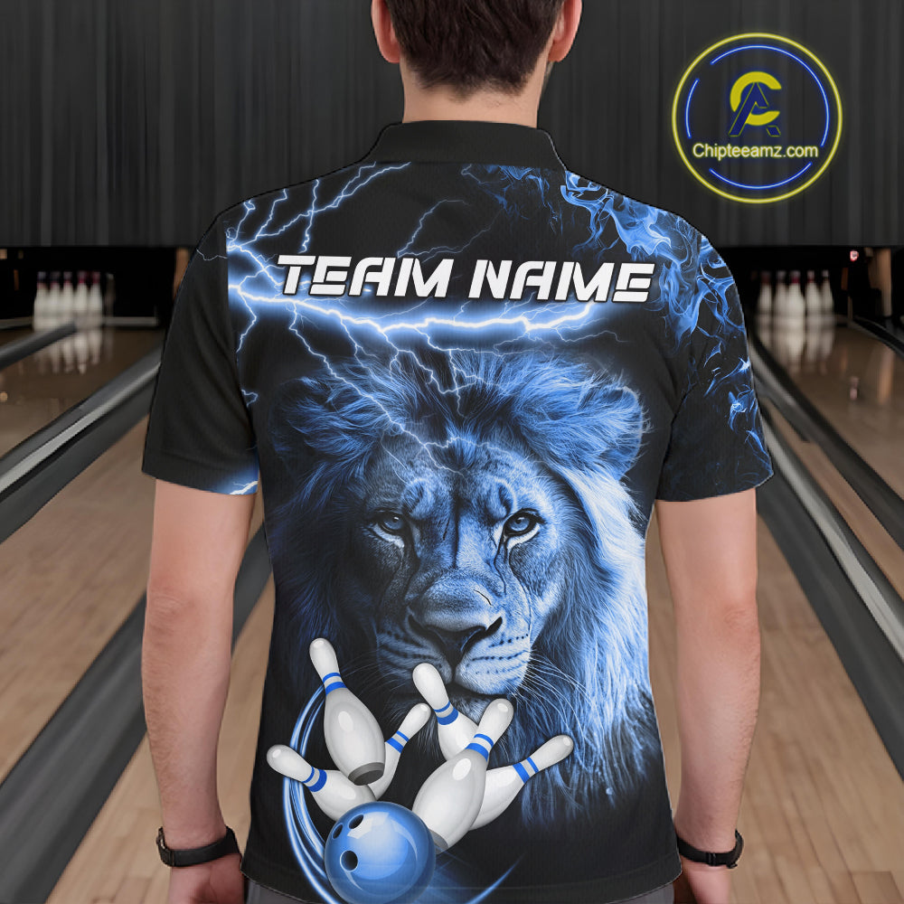 Man wearing personalized blue lightning thunder lion bowling team jersey polo shirt featuring blue lightning lion artwork, back view.